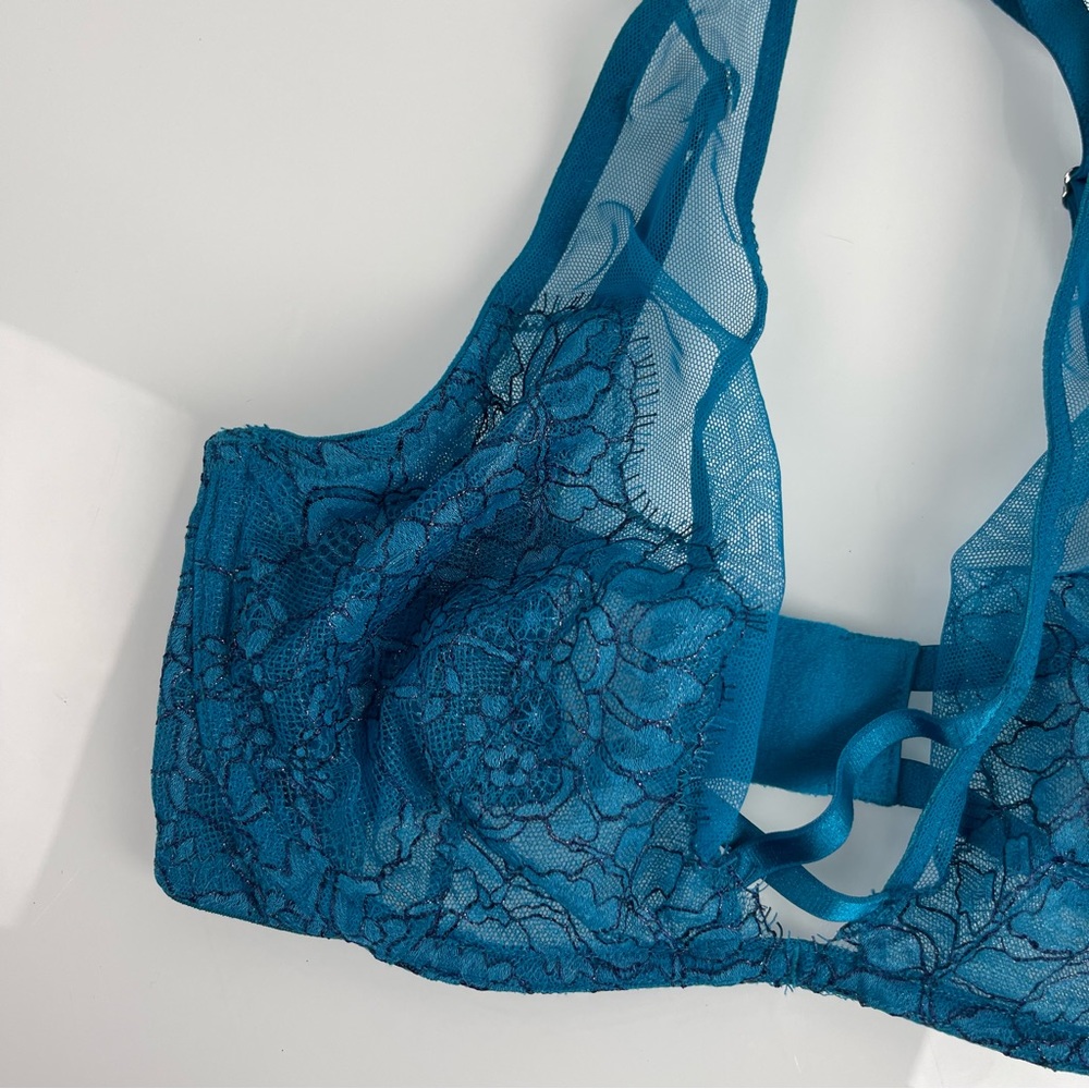 Victorias Secret Bra Very Sexy Unlined Plunge Sheer‎ Floral Blue Purple Halter - Picture 3 of 8
